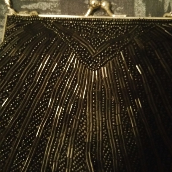 #153 Black Beaded Evening Bag w/Silver Chain Strap - Picture 2 of 5